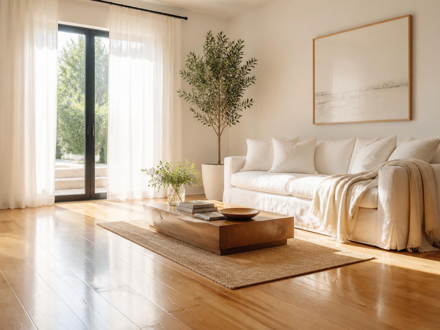 Sunlit living room with polished floors after a JLT cleaning visit